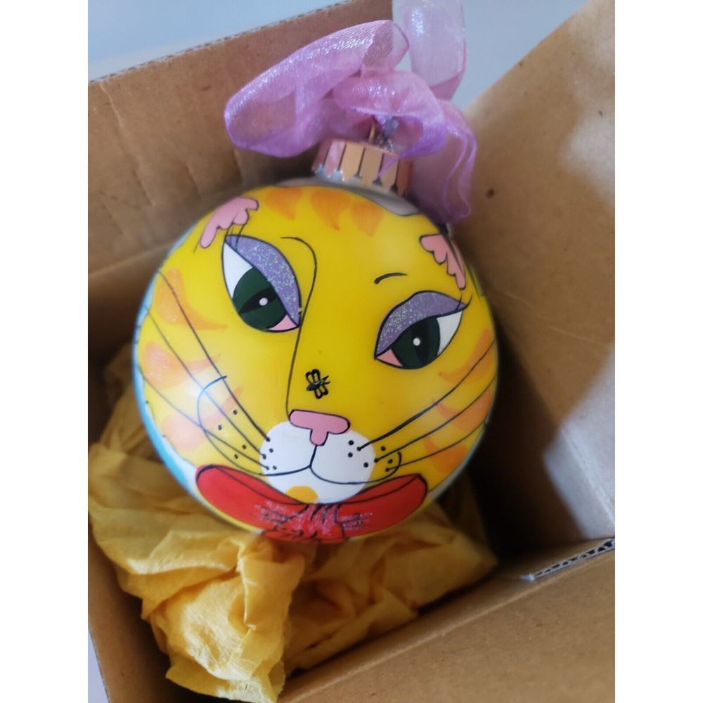 NEW Cat Ornament by DIANE ARTWARE Handpainted 2002 ELAINE Glass ART COLLECTIBLE